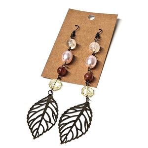 Elegant Leaf Drop Earrings with Pink and Brown Beads -Hypoallergenic